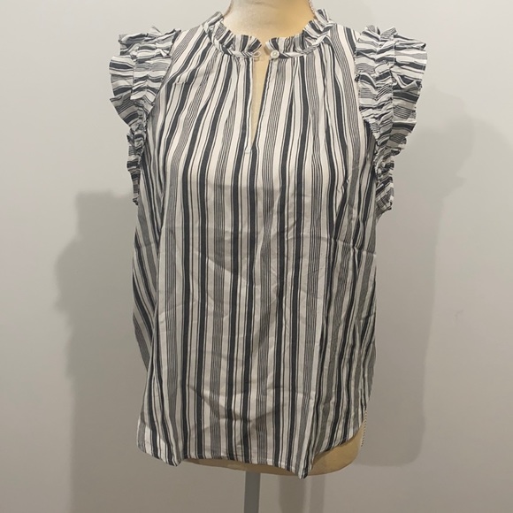 LOFT Striped Ruffle Split Neck Shell Size M - Picture 6 of 11